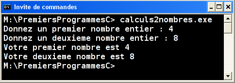 Exécution calculs2nombres.exe v1